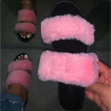 Trendy plus size shoes outdoor wear luxury pink fur flat sandals slides slippers for women ladies