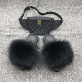 Luxury Shoes Women Flat Slippers Faux Fluffy Raccoon Real Fur Slides And Matching Purse With Lowest Price