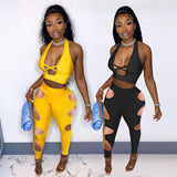 sexy 2 piece set 3color Solid Color 2 Piece Summer Sets Crop Top with Hollow Cut Out Pants 2 Piece Clothing Set