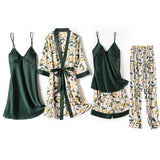 Blue Sleep Set Intimate Lingerie Sexy Nighty&amp;Robe Suit 2021 New Women Kimono Bathrobe Gown Satin Print Flower Sleepwear Homewear