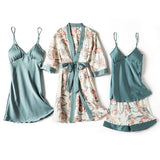 Blue Sleep Set Intimate Lingerie Sexy Nighty&amp;Robe Suit 2021 New Women Kimono Bathrobe Gown Satin Print Flower Sleepwear Homewear