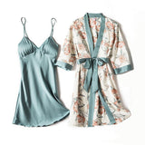 Blue Sleep Set Intimate Lingerie Sexy Nighty&amp;Robe Suit 2021 New Women Kimono Bathrobe Gown Satin Print Flower Sleepwear Homewear