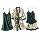 Blue Sleep Set Intimate Lingerie Sexy Nighty&amp;Robe Suit 2021 New Women Kimono Bathrobe Gown Satin Print Flower Sleepwear Homewear