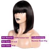 Real human hair 10a grade Machine Made Straight Indian Human Hair Wig  Bob Wig With Bangs short pixie hair machine made wig