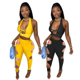sexy 2 piece set 3color Solid Color 2 Piece Summer Sets Crop Top with Hollow Cut Out Pants 2 Piece Clothing Set