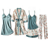 Blue Sleep Set Intimate Lingerie Sexy Nighty&amp;Robe Suit 2021 New Women Kimono Bathrobe Gown Satin Print Flower Sleepwear Homewear