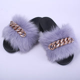 Fashion women luxury fur fluffy chain slippers for ladies Zapatillas de felpa