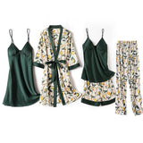 Blue Sleep Set Intimate Lingerie Sexy Nighty&amp;Robe Suit 2021 New Women Kimono Bathrobe Gown Satin Print Flower Sleepwear Homewear