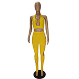 sexy 2 piece set 3color Solid Color 2 Piece Summer Sets Crop Top with Hollow Cut Out Pants 2 Piece Clothing Set