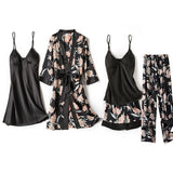 Blue Sleep Set Intimate Lingerie Sexy Nighty&amp;Robe Suit 2021 New Women Kimono Bathrobe Gown Satin Print Flower Sleepwear Homewear