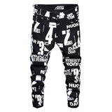 Men&#39;s White Letters Numbers Print Black Jeans Trendy Sim Fit Stretch Denim Pencil Pants Trousers