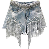 Women Spring Summer New Elegant Shorts Lady Tassel Beading High Waist Wide Leg Denim Shorts Female Casual Solid Shorts