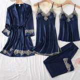 4PCS Satin Sleepwear Lady Pajamas Suit Nighty&amp;Robe Set Sexy Intimate Lingerie Casual Bridal Wedding Gift Homewear Nightgown