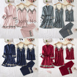 4PCS Satin Sleepwear Lady Pajamas Suit Nighty&amp;Robe Set Sexy Intimate Lingerie Casual Bridal Wedding Gift Homewear Nightgown