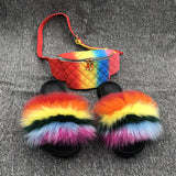 Luxury Shoes Women Flat Slippers Faux Fluffy Raccoon Real Fur Slides And Matching Purse With Lowest Price