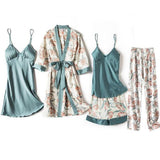 Blue Sleep Set Intimate Lingerie Sexy Nighty&amp;Robe Suit 2021 New Women Kimono Bathrobe Gown Satin Print Flower Sleepwear Homewear