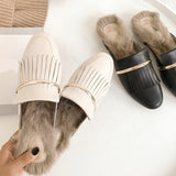 Lady Genuine Cow Leather Half Shoes Fur Furry Slides Closed Toe Flat Autumn Winter Mules Shoes Women's Slippers Fur with Tassel