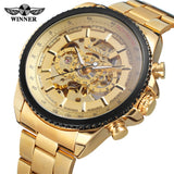 Luxury Gold WINNER Men Watch Cool Mechanical Automatic Wristwatch Stainless Steel Band Male Clock Skeleton Roman Dial