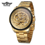 Luxury Gold WINNER Men Watch Cool Mechanical Automatic Wristwatch Stainless Steel Band Male Clock Skeleton Roman Dial