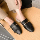 Lady Genuine Cow Leather Half Shoes Fur Furry Slides Closed Toe Flat Autumn Winter Mules Shoes Women's Slippers Fur with Tassel
