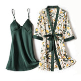 Blue Sleep Set Intimate Lingerie Sexy Nighty&amp;Robe Suit 2021 New Women Kimono Bathrobe Gown Satin Print Flower Sleepwear Homewear