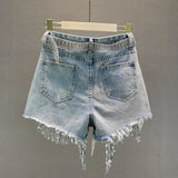 Women Spring Summer New Elegant Shorts Lady Tassel Beading High Waist Wide Leg Denim Shorts Female Casual Solid Shorts