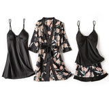 Blue Sleep Set Intimate Lingerie Sexy Nighty&amp;Robe Suit 2021 New Women Kimono Bathrobe Gown Satin Print Flower Sleepwear Homewear