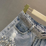 Women Spring Summer New Elegant Shorts Lady Tassel Beading High Waist Wide Leg Denim Shorts Female Casual Solid Shorts