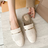 Lady Genuine Cow Leather Half Shoes Fur Furry Slides Closed Toe Flat Autumn Winter Mules Shoes Women's Slippers Fur with Tassel