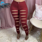 Fashion Women Clothing Casual Ladies Hole Bottoms Women Casual Solid Color Denim Pant Jeans