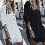 Women Autumn Cotton Shirt V-neck Long Sleeved Button Long Paragraph Casual Loose Shirt T-shirt Lady Mini Shirt Beach Dress 2019