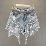 Women Spring Summer New Elegant Shorts Lady Tassel Beading High Waist Wide Leg Denim Shorts Female Casual Solid Shorts