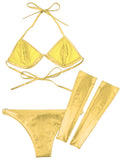 Womens Lingerie Set Pole Dancing Performance Costume Clubwear Shiny Metallic Patent Leather Bikini Bra Briefs with Leg Sleeve