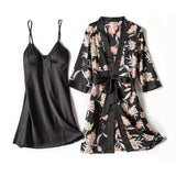 Blue Sleep Set Intimate Lingerie Sexy Nighty&amp;Robe Suit 2021 New Women Kimono Bathrobe Gown Satin Print Flower Sleepwear Homewear