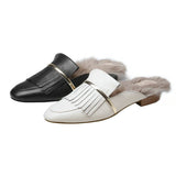 Lady Genuine Cow Leather Half Shoes Fur Furry Slides Closed Toe Flat Autumn Winter Mules Shoes Women's Slippers Fur with Tassel
