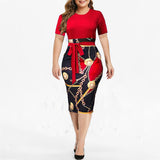 Vintage Print Plus Size Knee-length Dress Womens Summer Short Sleeve Midi Elegant Dresses Summer Sexy High Waist Robe