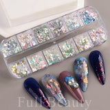12Grids Nail Glitter Colorful Mirror Effect Shimmer Mermaid Pearl  Powder Chrome Pigment Fine Dust Reflective Polish Decor SAZGF
