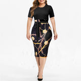 Vintage Print Plus Size Knee-length Dress Womens Summer Short Sleeve Midi Elegant Dresses Summer Sexy High Waist Robe
