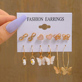 17KM Vintage Pearl Earrings Set Metal Gold Color Dangle Earrings Heart Butterfly Hoop Earrings Geometric Fashion Jewelry Trendy