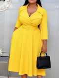 Women Elegant Dress with Waist Belt Notched Long Sleeves Pleated Modest Office Ladies Work Wear Fashion African Female Vestidos