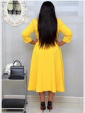 Women Elegant Dress with Waist Belt Notched Long Sleeves Pleated Modest Office Ladies Work Wear Fashion African Female Vestidos