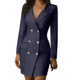 Women Blazer Dress Double Breasted Long Sleeve V-neck Button Front Military Style Dress Elegant Office Wear Dress Vestidos