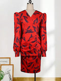 Women Printed Dress Bodycon Long Sleeve Elastic High Waist V Neck Elegant Office Ladies Classy Work Wear Female Vestidos African
