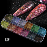 12Grids Nail Glitter Colorful Mirror Effect Shimmer Mermaid Pearl  Powder Chrome Pigment Fine Dust Reflective Polish Decor SAZGF