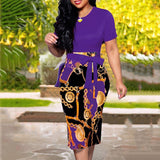 Vintage Print Plus Size Knee-length Dress Womens Summer Short Sleeve Midi Elegant Dresses Summer Sexy High Waist Robe