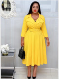 Women Elegant Dress with Waist Belt Notched Long Sleeves Pleated Modest Office Ladies Work Wear Fashion African Female Vestidos