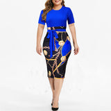 Vintage Print Plus Size Knee-length Dress Womens Summer Short Sleeve Midi Elegant Dresses Summer Sexy High Waist Robe