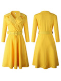 Women Elegant Dress with Waist Belt Notched Long Sleeves Pleated Modest Office Ladies Work Wear Fashion African Female Vestidos