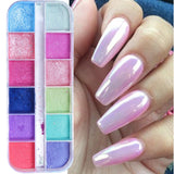 12Grids Nail Glitter Colorful Mirror Effect Shimmer Mermaid Pearl  Powder Chrome Pigment Fine Dust Reflective Polish Decor SAZGF