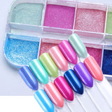 12Grids Nail Glitter Colorful Mirror Effect Shimmer Mermaid Pearl  Powder Chrome Pigment Fine Dust Reflective Polish Decor SAZGF
